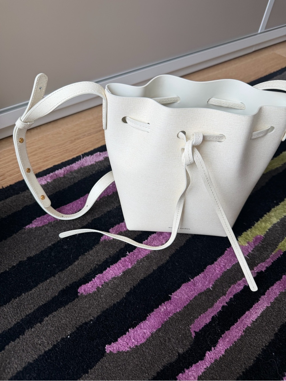 Brand new Mansur Gabriel Mini Bucket Bag in White Leather Drawstring Bucket Bag